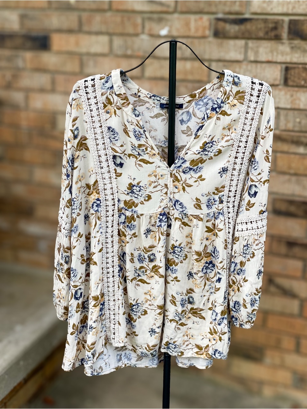 American Eagle XL Floral Babydoll Blouse Lace Crochet Boho Cottagecore